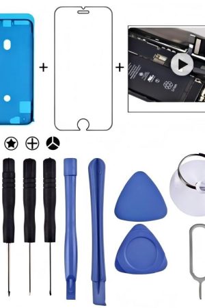 Kit di riparazione 12 in 1 e adesivo (4 cacciaviti + 2 aste di smontaggio + 2 triangoli su fette spesse + 1 perno di espulsione + 1 mandrino + 1 adesivo impermeabile + 1 vetro temperato)